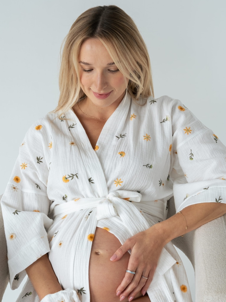 Szlafrok kimono ciążowe z muślinu HERBAL LATTE biały